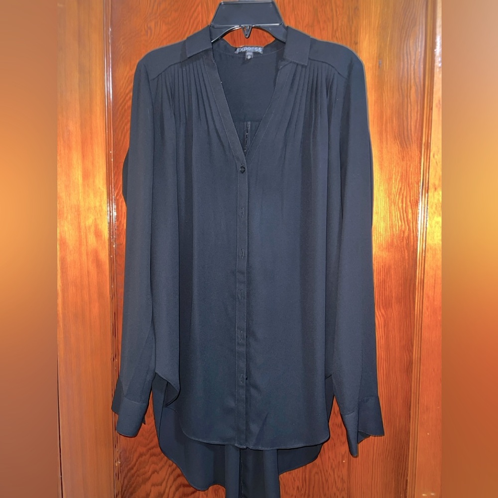 Express tunic-length black split hem blouse, size x-small